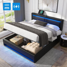 Lit - CIPACHO - Capitonné 160x200 - Similpelle litchi nera - LED integrata e porta USB - Rete a doghe