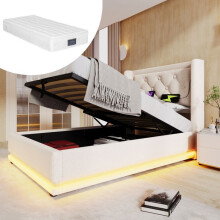 Lit coffre rembourré 90x200 beige avec matelas 25 cm, LED 16 couleurs, USB Type-C, sommier à lattes