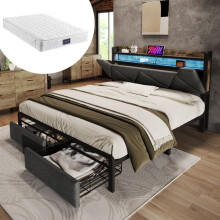 Cama tapizada 140x200 cm gris con colchón, LED, puerto USB-C, cajones y somier de lamas (estilo industrial)