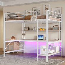 Stapellit 140 x 200 cm wit van metaal/MDF met bureau, planken, LED 7 kleuren en USB-aansluitingen