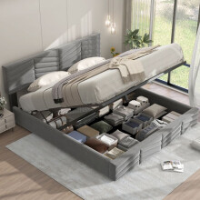 Lit rembourré - Sans matelas - 180x200 - Velours gris - Coffre de rangement hydraulique