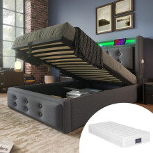 Lit rembourré hydraulique 90x200 cm avec matelas, tête LED et ports USB-C, sommier à lattes gris