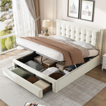 Cama litera tapizada 140x200 cm de terciopelo beige con somier de lamas y 2 cajones – 2 plazas