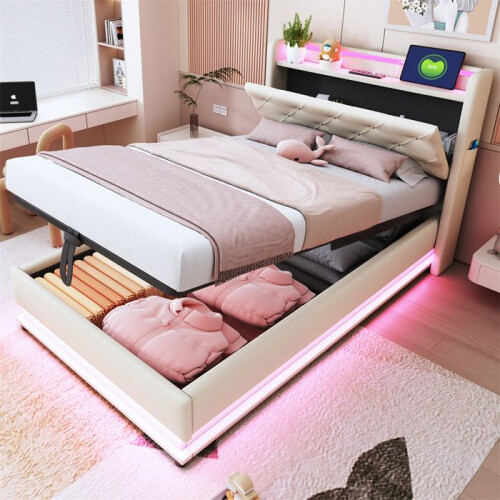 Cama infantil estofada 90x200 bege com luzes LED que mudam, tomada USB e cabeceira rebatível. 1