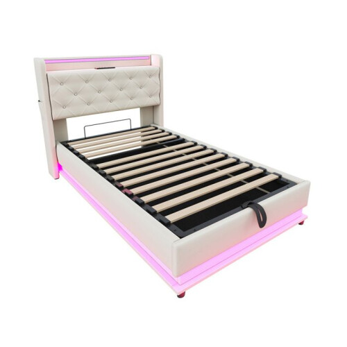 Cama infantil estofada 90x200 bege com luzes LED que mudam, tomada USB e cabeceira rebatível. 2