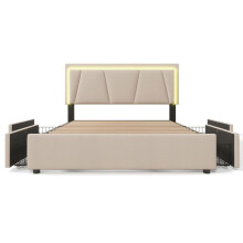 Cama tapizada 140x200 beige con LED, 4 cajones, somier de lamas, baúl, cabecera ajustable – sin colchón