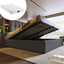 Lit rembourré 140x200 cm gris avec sommier à lattes, coffre de rangement et chargeur sans fil, matelas inclus