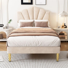 Cama tapizada 90x200 cm beige con somier de lamas y cabecero ajustable - terciopelo