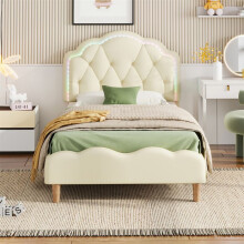 Cama infantil acolchada 90 x 200 cm blanca (PU) con LED, somier de lamas, cabecero ondulado