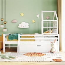 Cama litera infantil 90x200 cm blanca de pino y MDF con cajones, escalera, somier de lamas y barrera — sin colchón
