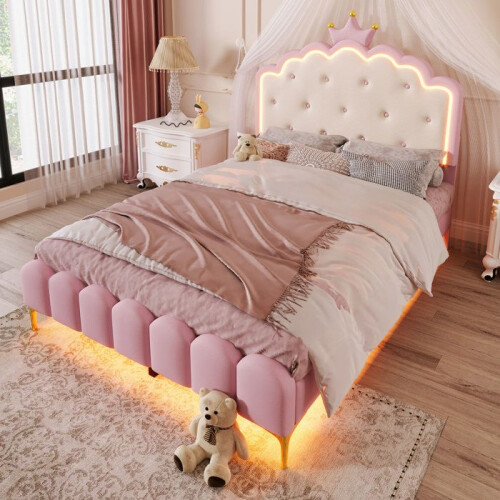 Cama princesa capitonê 140x200 com estrado de ripas e LED rosa – sem colchão 1
