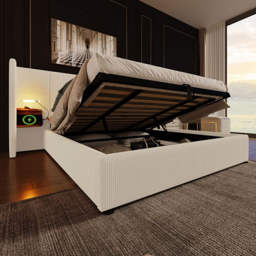 Cama estofada de 180x200 cm bege/branco com cabeceira multifuncional, lâmpada tátil e USB 1