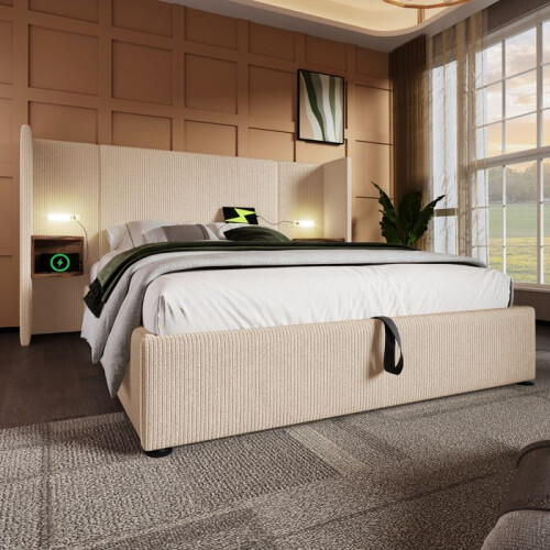 Cama estofada de 180x200 cm bege/branco com cabeceira multifuncional, lâmpada tátil e USB 2