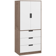 Modern Clothes Storage Cupboard Unit, 3 Drawer 2 Door Wardrobe with Hanging Rod, White/Brown