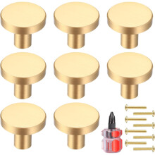Conjunto de 8 Puxadores Redondos Dourados de 20x25mm para Armários de Cozinha, Gavetas e Cômodas, em Latão Escovado.