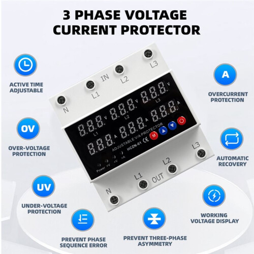 3 Phase Din Rail Voltmeter Ammeter with over/Under Voltage Current Limit Protection Self-Resetting Surge Protector 63A 2