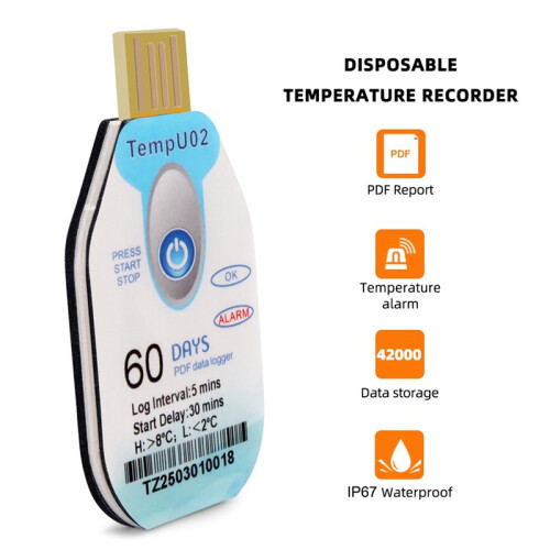 2X USB Temperature Data Logger Disposable 60 Days PDF Datalogger Waterproof Temp Recorder 2