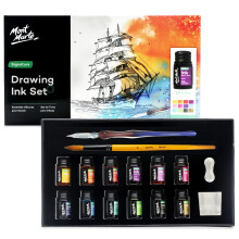 Calligraphy Set - 16-Pieces - Includes 12 x 7ml Ink Colours, Glass Dip Pen, Ink Well, Brush and Pen Rest - Smooth-Flowing pigmented Inks