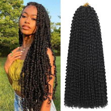 Passion Twist Haar 16 Zoll 8 Packs Wasserwelle Häkelzöpfe Vorgefertigte Bohème Haarverlängerungen für schwarze Frauen (1B Schwarz#)