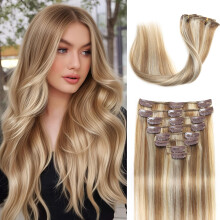 Extensiones de Cabello Clip en 16" 90g, Balayage Remy Humano Invisible para Mujeres 8 Pcs Rectas