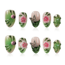 Tesytto Lente Druk Nagels Korte Amandel Handgemaakt 3D Bloem Metallic Vlinders Nepnagels