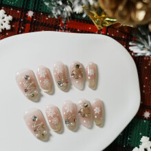 Tesytto Handgemaakte Persnagels Korte Amandel - Luxe 3D Textuur Pareltak & Sneeuwvlok Ontwerp, Nude Roze Kat Oog Gouden Franse Punt Nepnagels