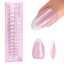 Jsiallye Katzenaugen Press-On Nägel, 150 Stück Pink Glitter Basis Französische Spitze Kurz Quadrat