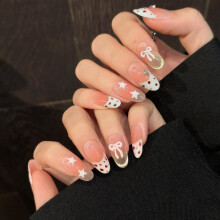Tesytto Y2k Press on Nails Luipaardprint - Gouden Glitters Franse Punt & Strik, Medium Amandel Nude Roze Gradient