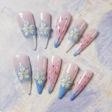 Tesytto 3D Blumen Press-On Nägel Lange Stiletto Künstliche Nägel - Elegante Handmade Ombre Nagelkunst mit Lilien