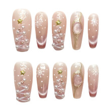 Tesytto Glitter Nepper - Sheer Pink Nude Acrylaat Handgemaakte Coffin Valse Nagels Winter Kerstboom met Parels Sneeuwster voor Vrouwen Meisjes