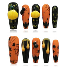 Tesytto Uñas Postizas de Halloween Forma Balerina Largas Coffin - Base Negra con Efecto Araña y Murciélago 3D