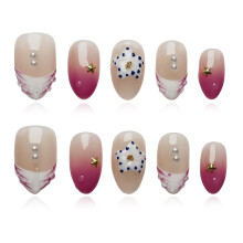 Tesytto Handgemachte 3D Blüten Fingernägel Kurz Mandel - Pflaume Farbverlauf auf Nackt Basis, Wasserwellen Perle & Ombre Rosa French Tip