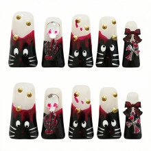 Tesytto Lange Duck Gothic Kat Druk Nagels - Y2K Rode Druppel, 3D Skull Cross Boog Charms, Herbruikbare Acryl Nagels (Handgeschilderde Kat, S)