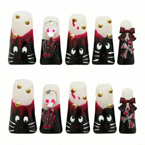 Tesytto Unghie a Pressione Lunghe Goth con Gocce Rosse e Charm Teschio