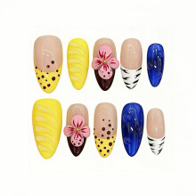 Tesytto Medium Amandel Druknagels - 3D Bloem & Waterdruppel, Gele Franse Punt Blauwe Valse Nagels