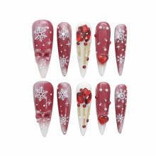 Tesytto Luxus Rote Drucknägel Lange Stiletto, 3D Herz & Strass Glam Design, Glänzende Handgemachte Künstliche Nägel