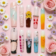 Tesytto Luxe Handgemaakte Persnagels - Lange Vierkante Franse Tips met 3D Bloemen & Strass Kruisontwerp, Gelaagde Gel Valse Nagels