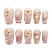 Tesytto Pink Glitter Press on Nägel Kurz Quadrat - 3D Schneeflocke & Stern Edelsteine Design Funkelnde Winter-Falschnägel (Holiday Opulence-B,S)
