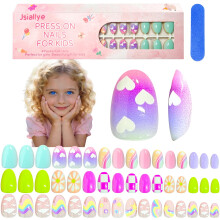 Jsiallye 96pcs Korte Ovale Druk Nagels Voor Kinderen, 3 Pakketten Nepnagelset Voor Meisjes, Schattige Regenboog Nagels
