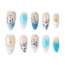 Tesytto Handgemaakte 3D Shell Press on Nagels - Medium Amandelblauw Ombre, Ripple Franse Tip & Bloemontwerp Zomer Zeemeermin Nagels (Big Island-B,S)