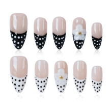 Tesytto Press On Nails Medium Almond, 3D Bloem Polka Dot Nepnagels, Franse Tip Nude Zwart Wit