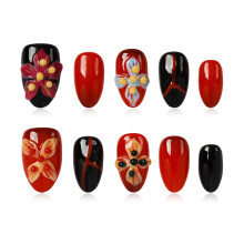 Tesytto Press on Nails 3D Bloem, 10 Stuks Handgemaakte Korte Amandel Nepnagels Rood & Zwart, 3D Gegraveerde Bloemen