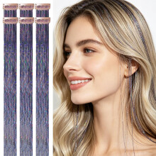 Celinebella Gunmetal Holographic Gray Clip in Hair Tinsel 6Pcs Heat Resistant Stylish Hair Extensions for Women Teens Daily Punk Casual Accessories