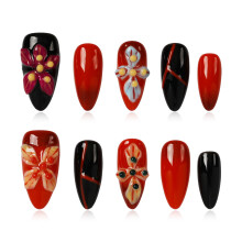 Tesytto Medium Amandel Press On Nagels, Rood Zwart Gradient Valse Nagels met 3D Geïmplanteerde Kleurrijke Bloem