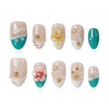 Tesytto Uñas Postizas de Verano Cortas Almendra, Estilo Oceánico Floral 3D, Reutilizables para Mujeres