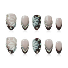 Tesytto Korte Amandel Druknagels, Nude Roze Donker Bourgondië Ombre Nepnagels met 3D Bloem & AB Rhinestone