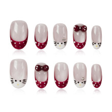 Tesytto Handmade Press on Nails Kort Ovaal - Kawaii Kat Gezicht 3D Strik, Burgondisch Grijs Glitter Franse Punt