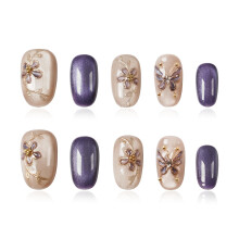 Ongles Pressés Cat Eye, Faux Ongles Ovales Courts - Design Floral Papillon en Or 3D, Acrylique Réutilisable pour Femmes (S