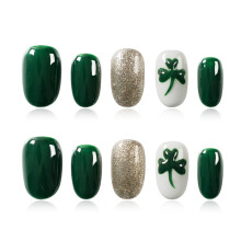 Tesytto Korte Ovale Press On Nagels, Donkergroen Zilver Glitter Klavertje, Herbruikbare Acryl Nagelkunst (Maat S)