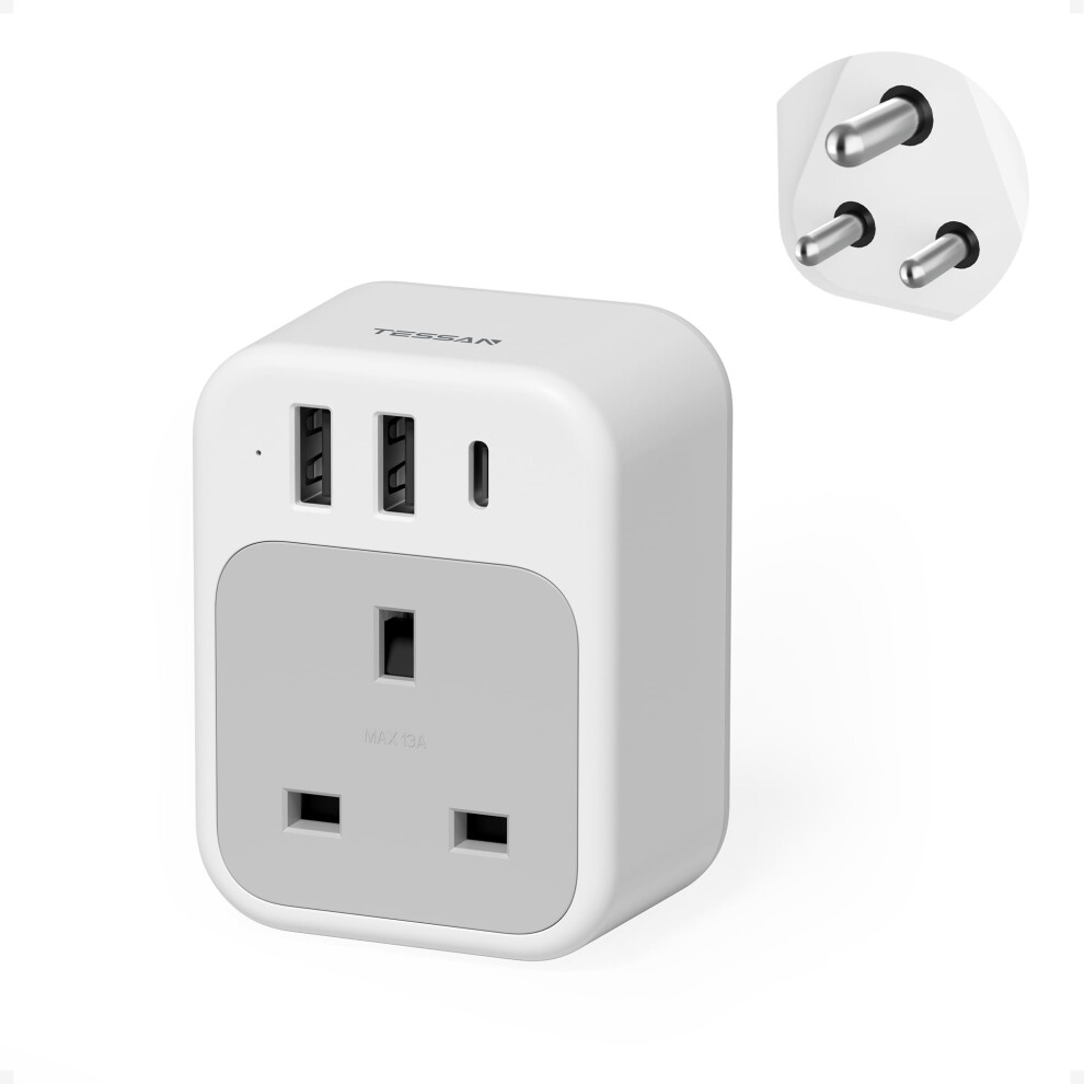 Uk To India Plug Adapter, Tessan Grounded Type D Travel Adapter With 3 Usb Ports (1 Usb C), India Travel Adapter For Uk To Sri Lanka, Pakistan, Burma, 6977328029959